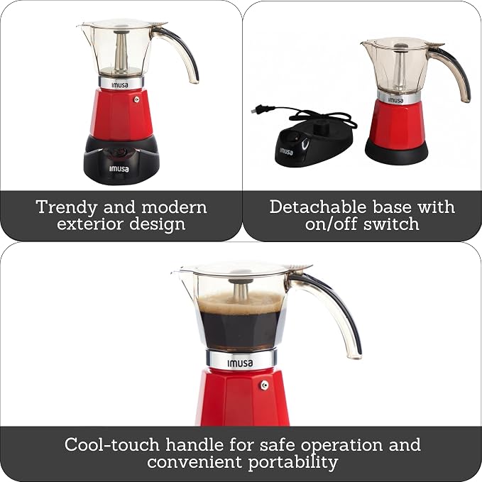 IMUSA 6 or 3 Cup Electric Espresso Coffee Maker with Cool-touch Handle, Red | Detachable Base, Visual Brewing Indicator, Durable Aluminum Construction, Ideal for Cuban and Italian Coffee