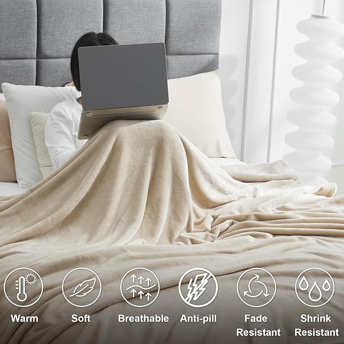Hansleep Throw XL Taupe Fleece Blanket, Soft Flannel Bed Blanket | Fuzzy Cozy Blanket 50x70 Inches, Multi-use for Bed, Sofa, Couch, Travel, Camping, All Season Warm Lightweight Cover