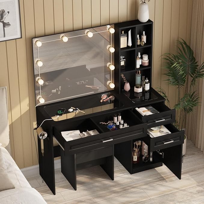 Fameill Vanity Desk with Lighted Mirror & Power Strip,Large Vanity Table with Glass top and Lots Storage,3 Drawer Makeup Desk with Hair Dryer Stand,3 Lighting Modes,Black