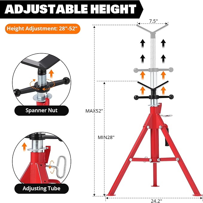 Heavy-Duty Pipe Jack Stand V-Head Bracket Load Capacity 2500 LBS Suitable for 1/8“ to 12” Pipes 28“ to 52” Adjustable Height Folding Legs for Welding Threading Hole Cutting