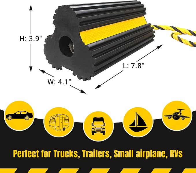 HOXWELL 2 Pair Rubber Heavy Duty Dual Wheel Chocks Front and Back, RV Leveling Blocks Non Slip Base with Nylon Rope Yellow Reflective Tape for Travel Trailers, Car, Camper, Truck (4 Pack)