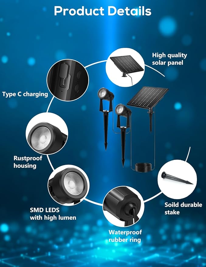 ZYAN Solar Landscape Spotlights, Separate Monocrystalline Panels & USB-C Powered 10800mAh Auto On Off Dusk to Dawn, Outdoor IP65 Waterproof, Warm White for Yard Path Patio (8 Pack)