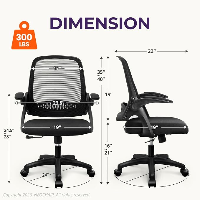 NEO CHAIR Office Desk Chair Computer Gaming Ergonomic Lumbar Back Support with Flip-up Padded Armrest Adjustable Height and Wheels for Home Vanity Bedroom Study (All Black) | Lumbar Support, Height Adjustment, 360° Swivel and Rolling Base, Space-Saving...