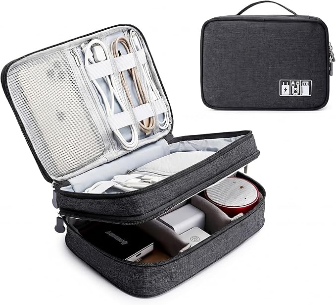 Lanola Travel Cable Organizer Bag, Electronic Accessories Case Portable Double Layer Cable Storage Bag for Cord, Charger, Flash Drive, Phone, SD Card,Personal Items - (Black)