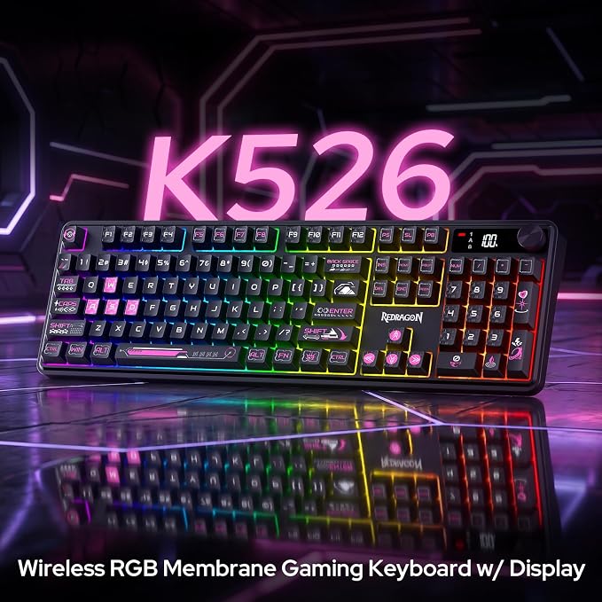 Redragon K526 PRO Wireless RGB Membrane Gaming Keyboard, LED Screen & Knob | See Battery, Mode & Time at a Glance, 0-Delay Tri-Mode, One-Touch Backlit & Media Adjust, 26-Key Anti-Ghost for Combo-Strike