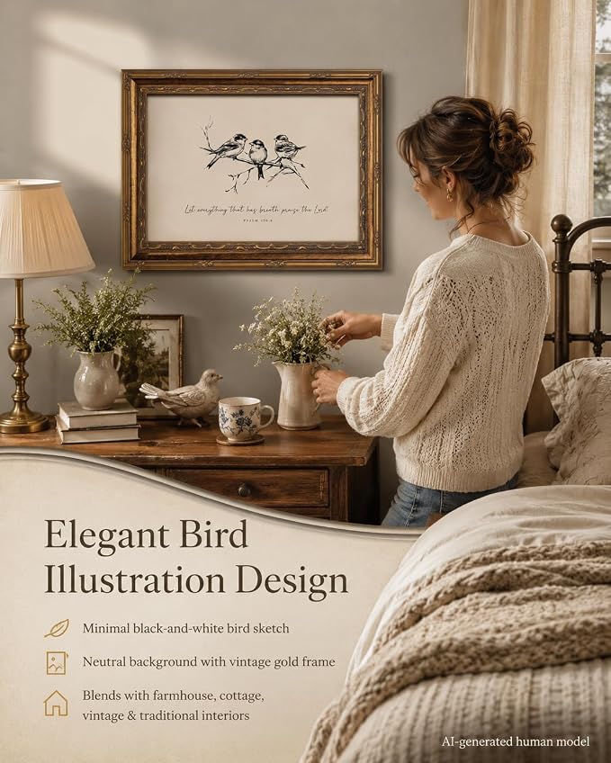 Vintage Gold Framed Bird Wall Art, Christian Bible Verse, 12 x 16 in | Sketch bird canvas with Christian scripture and vintage gold frame for living rooms, bedrooms, hallways, or prayer spaces.