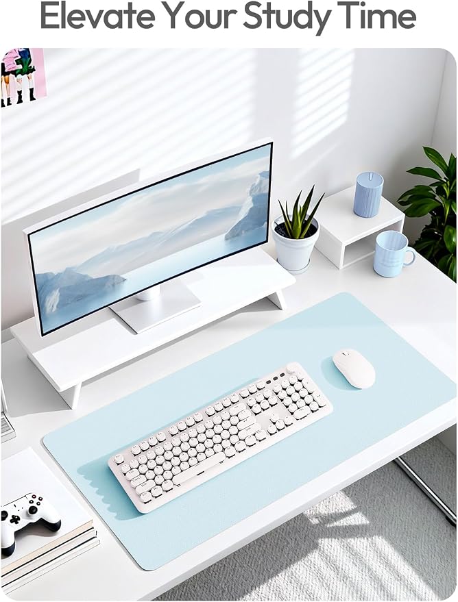 YSAGi Leather Desk Protector, Office Mat, Large Mouse Mat, Non-Slip PU Leather Blotter, Laptop Pad, Waterproof Writing Pad for Office and Home (Baby Blue, 35.4" x 17")