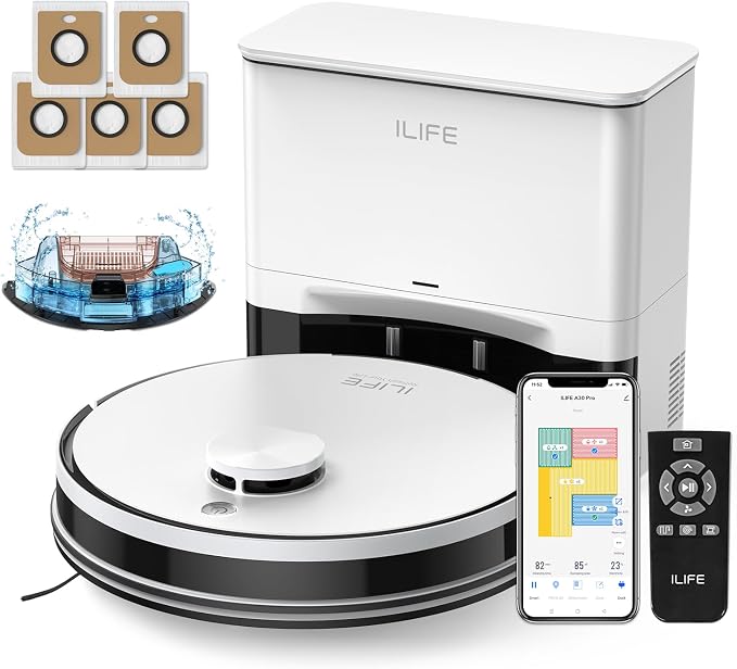 ILIFE A30 Pro Robot Vacuum and Mop,10000Pa Max Suction | 60 Days Self Emptying, LiDAR Navigation, 150 Min Max, App, Remote & Voice Control, Ideal for Hard Floors, Carpet & Pet Hair