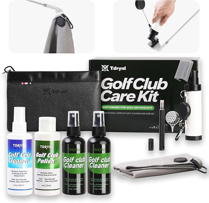 Pro Golf Club Care Kit – Cleaner, Polish, Brush, Groove Sharpener, Grip Cleaner, Magnetic Towel & Leather Bag – Restores Clubs, Removes Rust & Scratches, Renews Tackiness