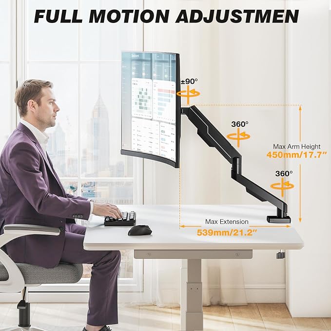 5Rcom Single Monitor Arm for 13-35 Inch Computer Screens | Fully Adjustable Heavy Duty Mount, Holds 22lbs, Fast Install, Cable Management, Black