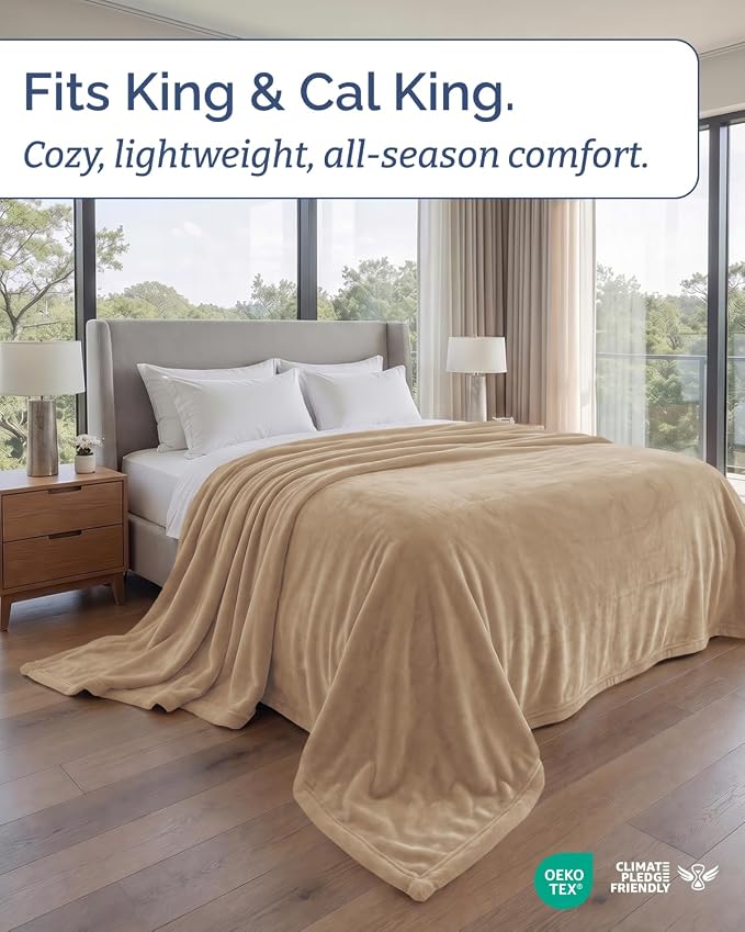 Ultra Soft Fleece Blanket Oversized King Size - Flannel Fleece Luxury Blanket - Lightweight for Couch Bed Chair - Thick, Warm and Breathable - All Season Cozy, Oxford Tan