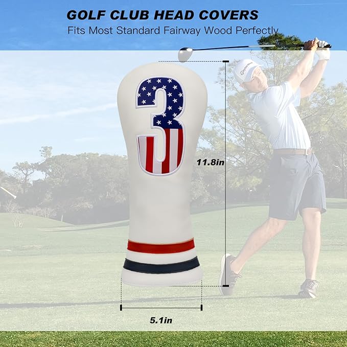 Golf Head Covers, 4pcs or 1pc USA Stars and Stripes Golf Club Covers for Woods and Driver Fairway Hybrid, PU Leather Golf Club Head Covers for Men Women with Interchangeable Tags, Fits Most Golf Clubs