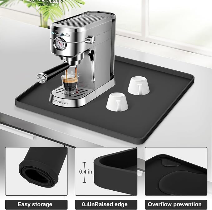 Silicone Coffee Mat 16"x16", Single Piece Anti-Vibration Under Coffee Maker Mat, Non-Slip Espresso Machine Mat with 10mm Raised Edge, Noise Reduction Countertop Protector, Fits Breville Ninja Keurig