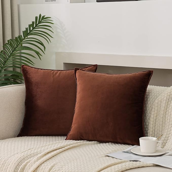 JIAHANNHA Velvet Brown Throw Pillow Covers 16”x16”Pack of 2 Soft Decorative | Square Cushion Covers for Couch Sofa Bed Livingroom Car Home Decor,40x40Cm