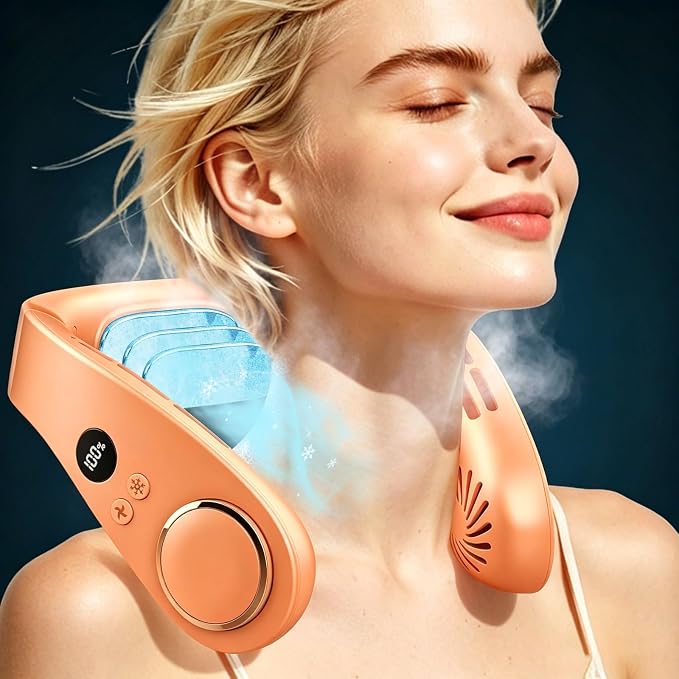 Neck Air Conditioner with Metal Cooling Plate, 5500mAh Batteries & LED Display, Silent Wearable Personal AC Unit, Bladeless Headphone Fan for Hot Flash Relief for Women Men Adults Outside, Orange