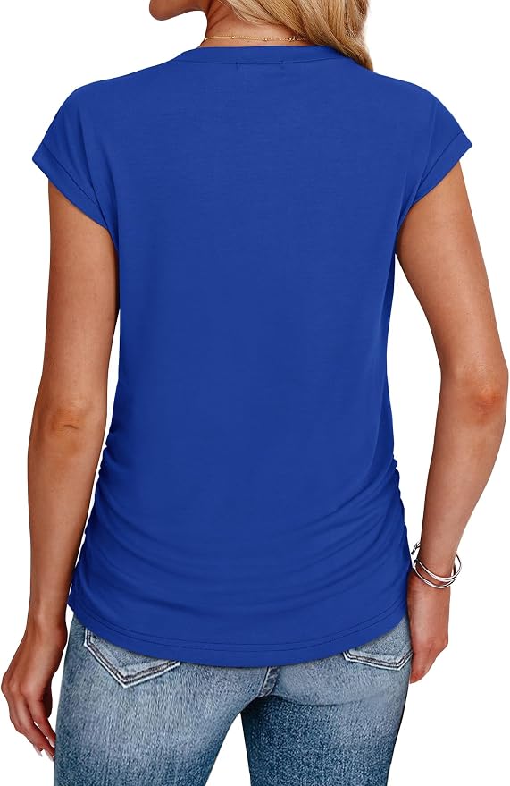 Sampeel Womens Summer Tops Trendy 2026 Ruched Cap Short Sleeve Tshirts Shirts Crew Neck T Shirts Fashion