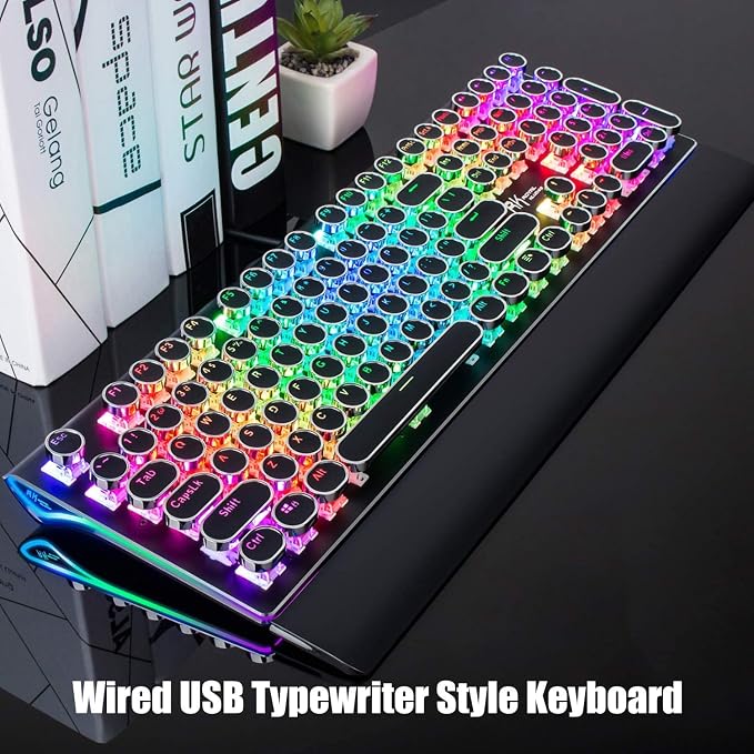 RK ROYAL KLUDGE S108 Typewriter Style Mechanical Gaming Keyboard with RGB Backlit, Wired PC Game Keyboard Full Size with Detachable Wrist Rest and Number Pad, Retro Round Keycaps, Red Switches Black