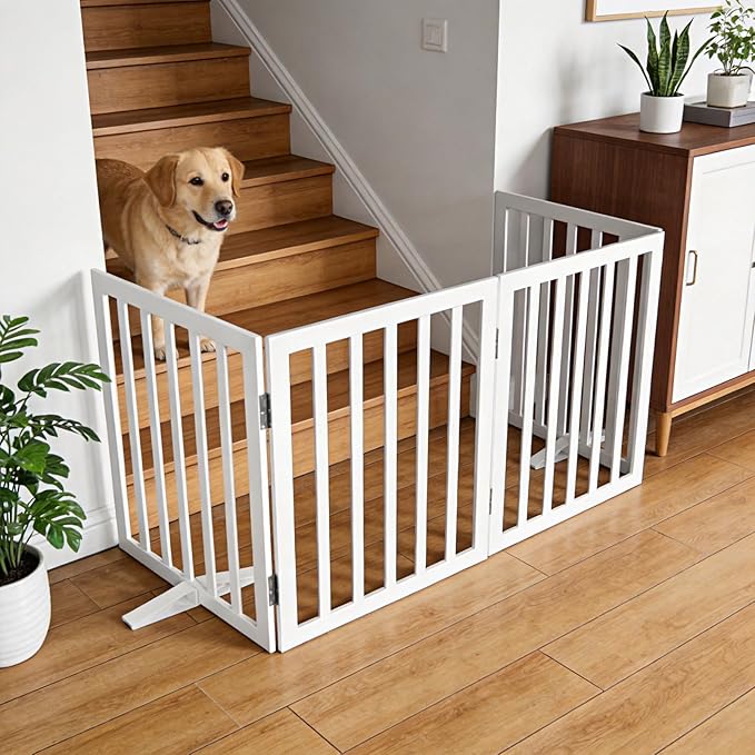 ZJSF Freestanding Indoor Dog Gate for House Foldable Wood White Puppy Gate for Doorways Pet Gate for Stairs Extra Wide Pet Fence 32" Height 6 Panels