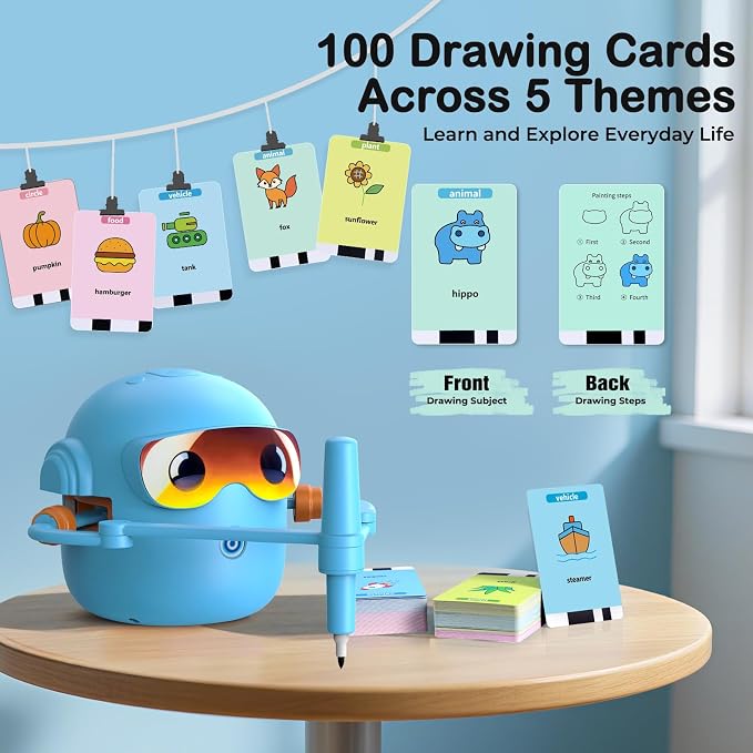 Drawing Robot for Kids Montessori Painting Toys for 3 4 5 6 7 8 Year Old, Voice Interactive Educational Drawing Machine with 100 Cards,16 Colorful Pens & Music-Gift for Boys Girls
