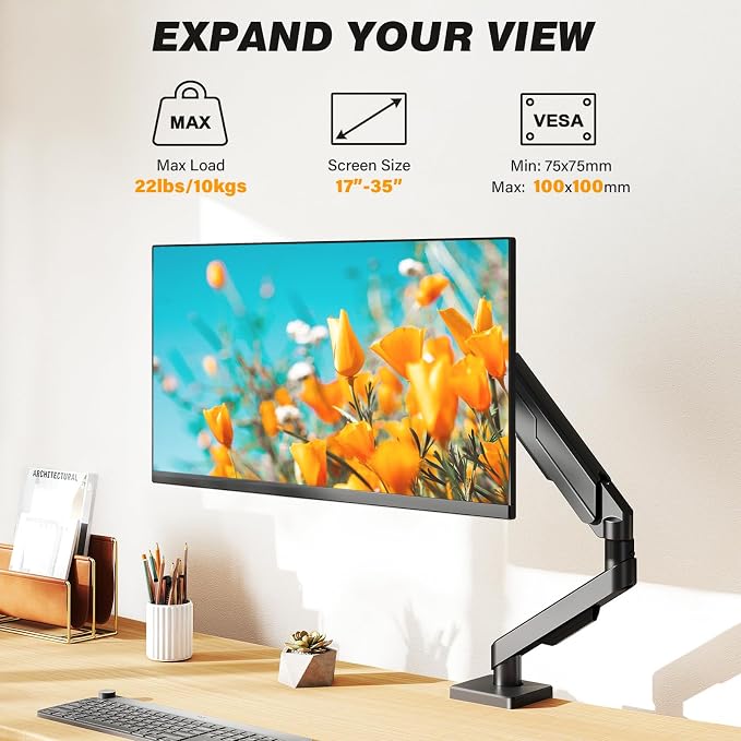 5Rcom Single Monitor Arm for 13-35 Inch Computer Screens | Fully Adjustable Heavy Duty Mount, Holds 22lbs, Fast Install, Cable Management, Black