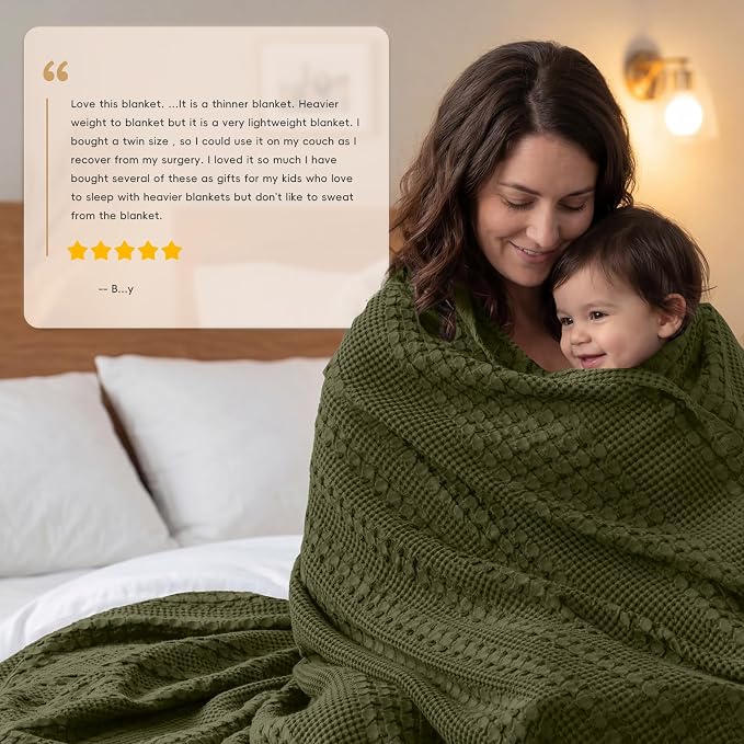 PHF 100% Cotton Waffle Weave Blanket King Size, Lightweight Breathable Summer Blanket for Hot Sleepers, Pre-Washed Soft Layer for Bed, Couch, Home Decor Gift, 108"x90", Capulet Olive