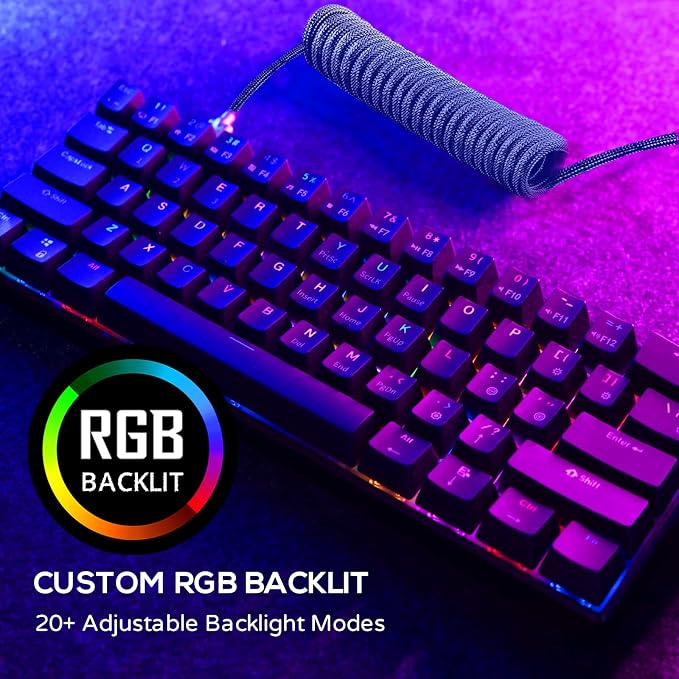 RK ROYAL KLUDGE RK61 Wireless Mechanical Keyboard with Coiled Cable, Black | 60% RGB Gaming Keyboard with Bluetooth/2.4G/Wired, Hot Swappable 61 Keys Ultra-Compact for Win/Mac/PC Game, Linear Red Switch