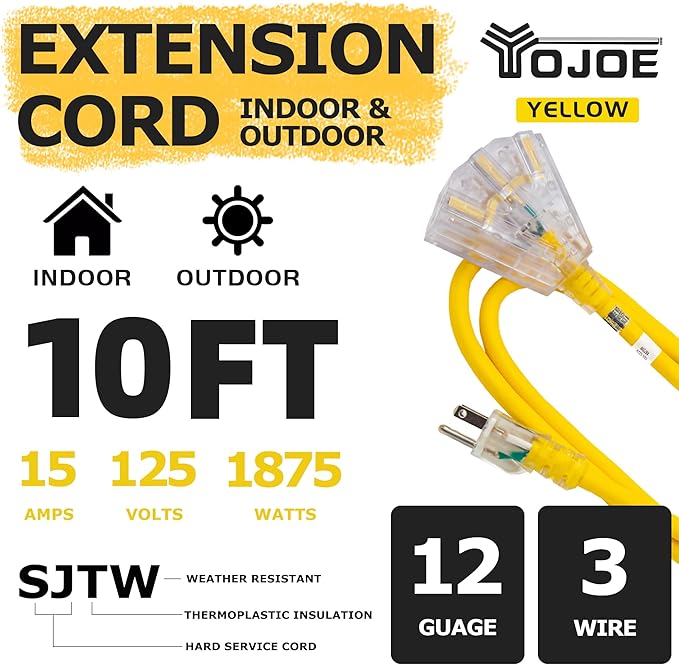 YOJOE 3-Outlets Indoor Outdoor Extension Cord with Lighted End, 3 Prong 15A Weatherproof Power Cord, 12 Gauge Heavy Duty 10 ft Yellow Extension Cord Multiple Outlets, 12/3 SJTW UL Listed