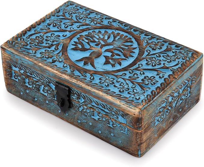 |Wooden Jewelry Box, Tarot Box, Celestial Home Decor, Witch Box, Tree of Life, Trinket Box |Size- 8" x 5" x 2.5",| Decorative Storage Bin