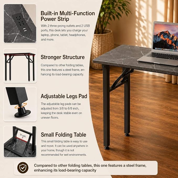 Folding Table Computer Desk - 43.3" No Assembly Folding Desk with Power Outlets & USB Charging Port, Small Desk, Foldable Office Desk, Compact Storage Portable Use for Small Space, Marble Greige