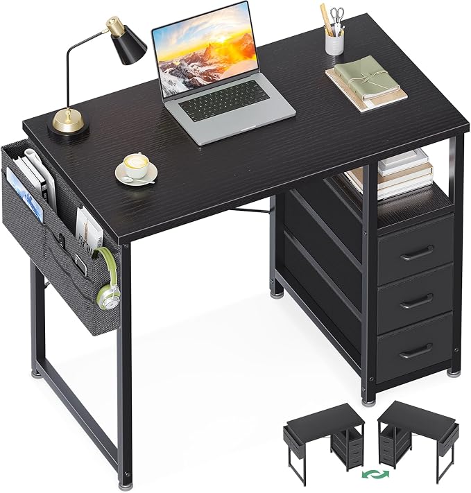 AODK 32 Inch Small Computer Desk with Fabric Drawers, Black | Mini Desk with Storage Shelf & Bag, Kids Study Desk for Bedroom, Home Office Desk for Small Space