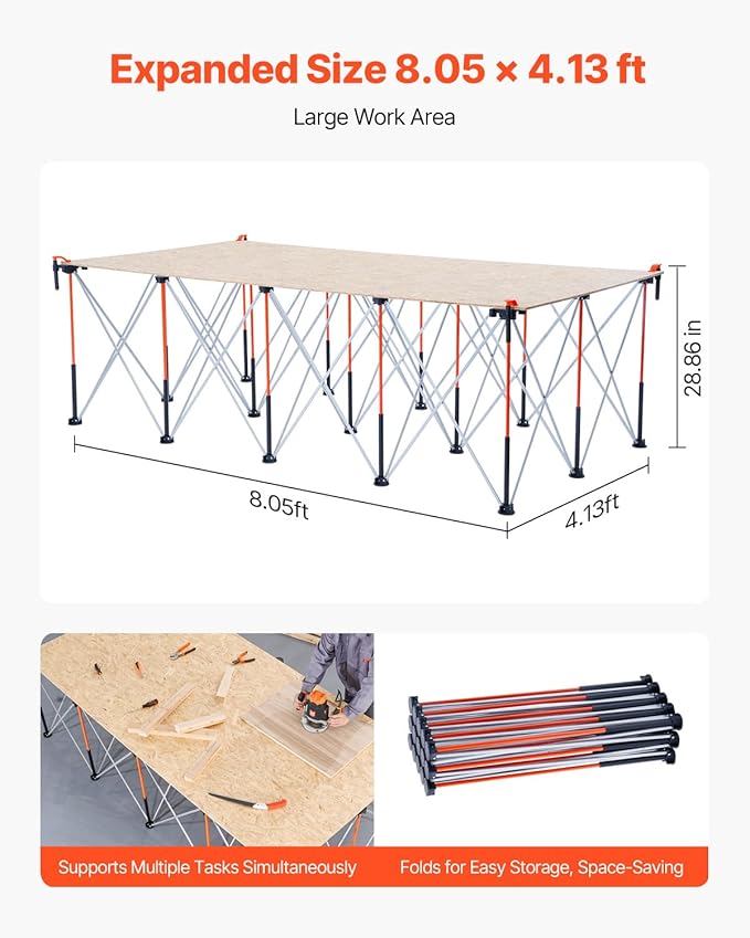 VEVOR Portable Folding Workstand, 8.05 x 4.13 ft Collapsible Workbench, 6000 lbs Weight Capacity, No Assembly Foldable Work Stand with Storage Bag, Table Top NOT Included, for Garage Workshop Outdoor