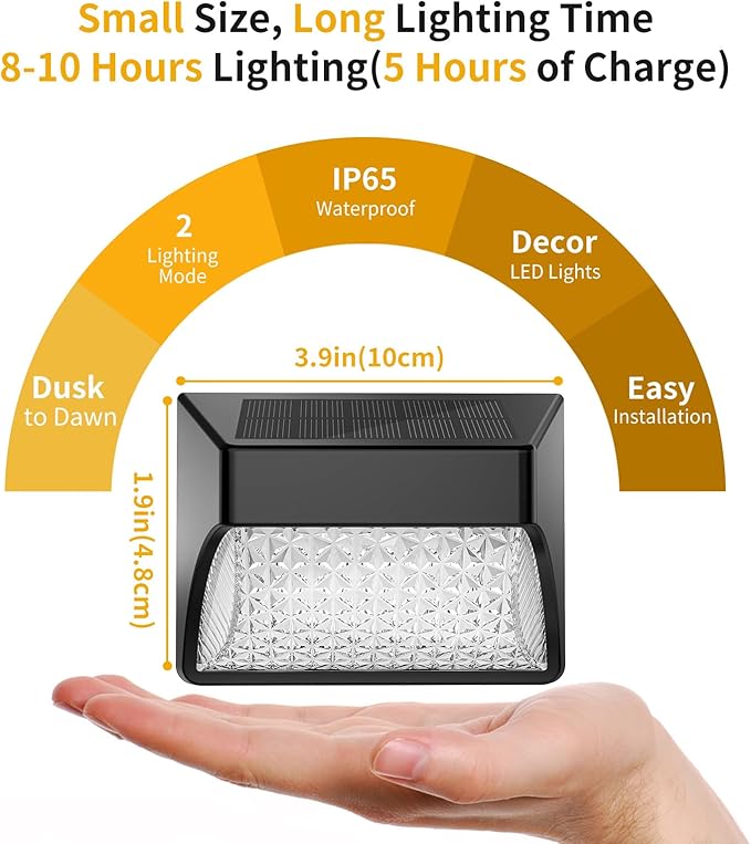 Solar Fence Deck Lights Outdoor 8 Pack Waterproof Dusk to Dawn Warm White/Cool White, Solar Powered LED Lights Decor for Outside Stair Step Yard Patio (Black)