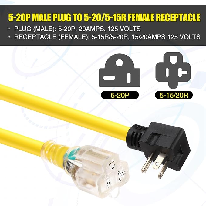 Kanayu 40 FT NEMA 5-20 Extension Cord, 5-20P Male Plug to 5-20/5-15R Female Receptacle, 20 Amp T-Blade Outlet Extension Power Cord with Indicator Light, 12 AWG, ETL Listed