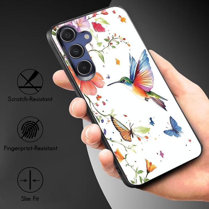 Designed for Galaxy S24 FE Phone Case,Slim Silicone Shockproof Protective Case for Galaxy S24 FE 6.7 inch,Flowers and Hummingbirds Design