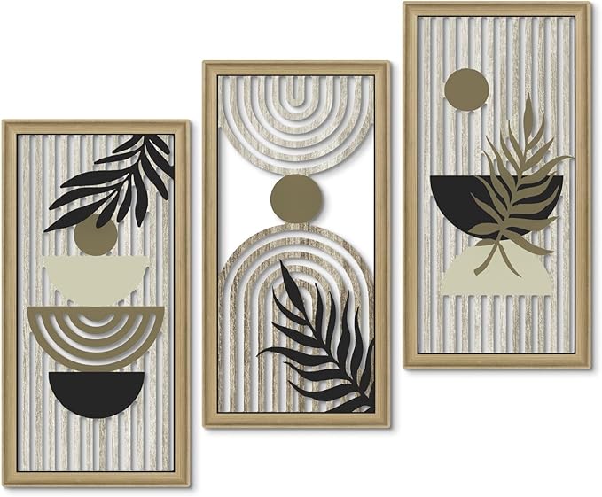 Putuo Decor Boho Abstract Wall Art, Set of 3, Modern Geometric Botanical Wooden Wall Decor, Mid-Century Minimalist Framed Artwork, Neutral Toned Aesthetic Prints, for Living Room, Bedroom, Office