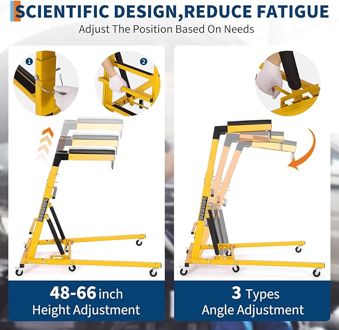 Garvee Top Side Automotive Engine Creeper, Adjustable Height from 48" - 66", 400LBS Capacity Foldable Creeper,6 Swivel Caster Wheels,Thicker Cushion,Tool Pouch, Yellow