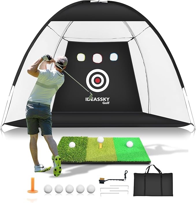Golf Net with Practice Mat,Golf Hitting Aid Nets 10x7FT for Backyard Driving Chipping Training Swing with Target Mat Balls for Outdoor Indoor,Gifts for Men Dad and Golfer