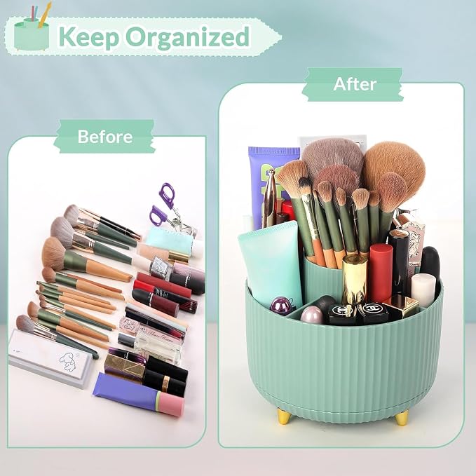 SKYDUE 360 Degree Rotating Desk Organizer, Dual-Purpose Pencil Pen Holder for Desktop, Rotating Desk Pen Organizer with 5 Slots, Pencil Cup for School, Home, Office Supplies (Bean Green)