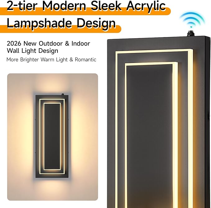 Dusk to Dawn Outdoor Wall Light,15.7 in Black Exterior Light Fixtures,2-Tier Waterproof Modern Outside Lights for House,Porch,Garage,Front Door,Patio with 24W 3000K Warm White Light,1 Pack