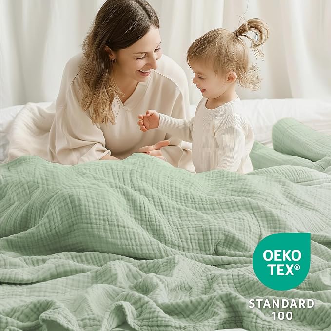 100% Cotton Muslin Blanket Large 50" x 70", 6 Layers Breathable and Lightweight Cotton Throw Blanket for Bed and Couch, Soft Quilt Bedspread, Gauze Blanket for Adults All Season, Sage Green