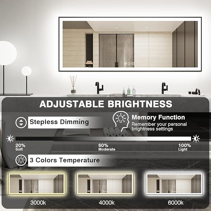 96x36 Large LED Bathroom Mirror with Lights - Black Aluminum(Front and Backlit),Anti-Fog Lighted Mirror for Wall,Stepless Dimmable Lighted Mirror,3 Colors Smart Mirror(Horizontal/Vertical)