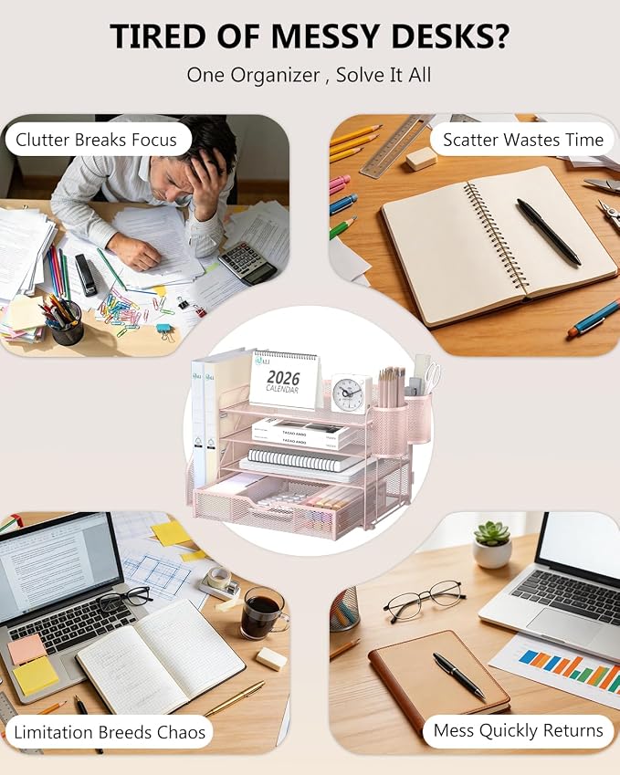 WALI Desk File Organizer, 4 Tier Desktop Paper Letter Tray Organizer with Drawer and 2 Pen Holders, Office Desk Accessories & Workspace Organizers for Office, Home Supplies(DO005DH-P), 1 Pack, Pink