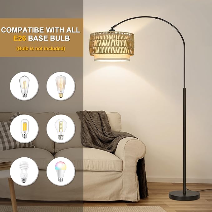 Rattan Floor Lamp, Arc Floor Lamps for Living Room, Farmhouse Standing Lamp with Adjustable Hanging Fabric Shade, Tall Pole Lamp with Foot Switch, Over Couch Arched Reading Light for Bedroom, Office