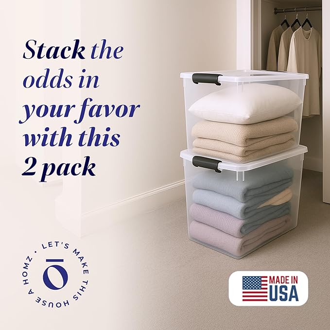 HOMZ 2-Pack Latching Lid, Large Clear Plastic Storage Bins w/Lids, 112 Quart, Gray Latch - Stackable Container Boxes for Home, Bathroom, and Office Organization