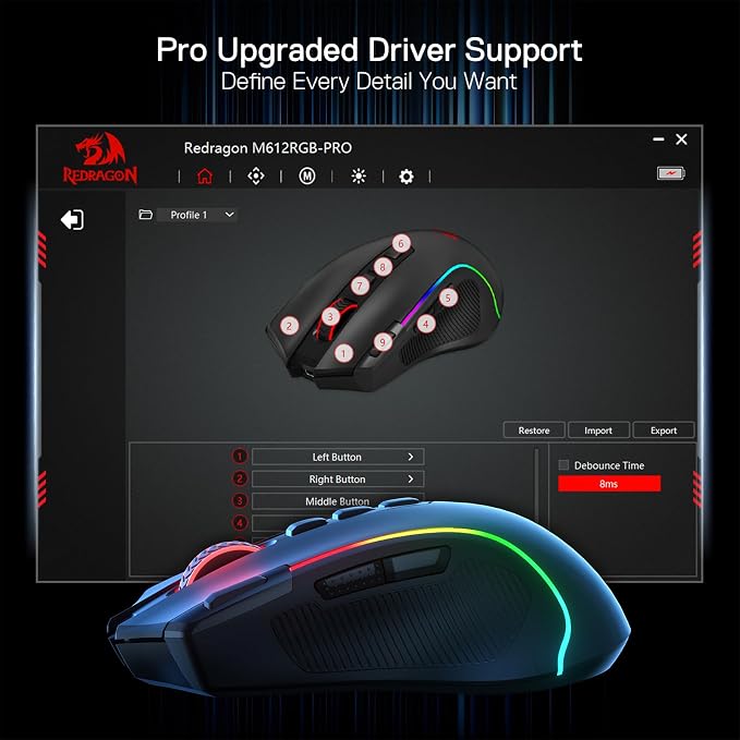Redragon M612 Wireless RGB Optical Gaming Mouse 8000 DPI Remapping Keys | Cable-Free 0 Delay, Redefine Keybinding Macro, Vibing Backlight, Ergonomic Grip Body Comfort