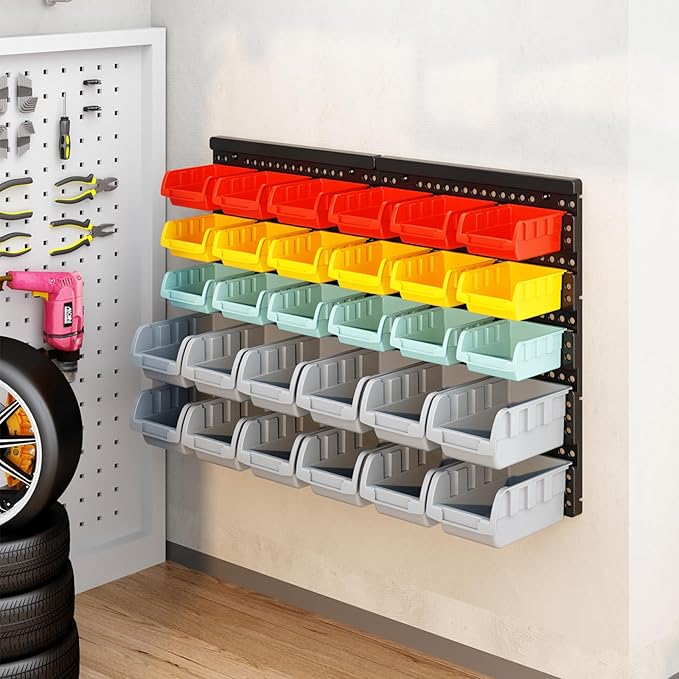 MULSAME Wall Mounted Storage Bins Parts Rack 4 Colors Bin Organizer Garage Plastic Shop Tool, Garage Organizers and Storage (Style-Serene) 25.2"*16.2"