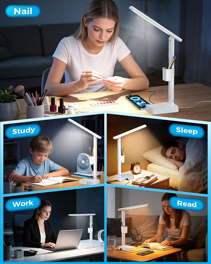 LED Desk Lamp with Power Strip, 3 AC Outlets & 4 USB Ports (2 USB-C), Stepless Dimming&2800K-6500K Eye-Caring Desk Light, Foldable Table Lamp with 10FT Cord for Home Office, Dorm Room Essentials White