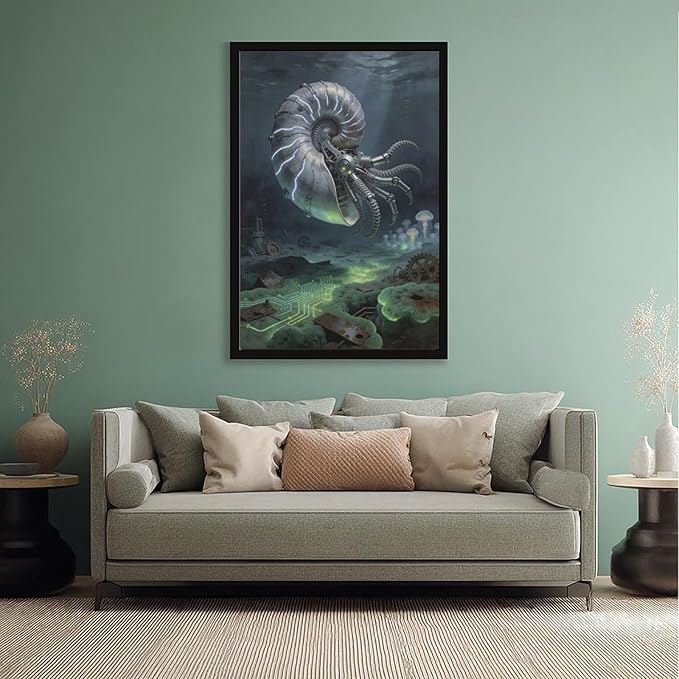 Framed Steampunk Mechanical Nautilus Wall Art - Underwater Industrial Poster for Man Cave Studio Decor 16x24in