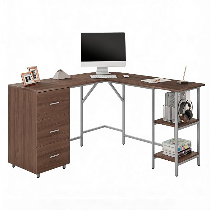 Techni Mobili L Shaped Desk - Two-Toned Computer Desk with Drawers & Storage Shelves - Simple Modern Furniture & Home Office Space Corner Table for Work & Writing | 59" two‑tone L‑shaped desk with storage shelves, durable frame, modern corner workstati...