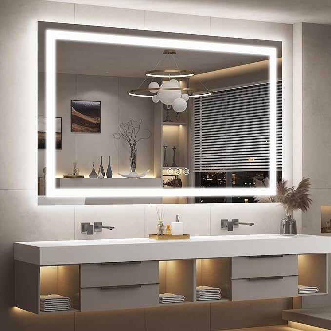 LED Bathroom Mirror for Wall 60x38, Large Lighted Vanity Mirror with Lights, Dimmable, Anti-Fog, Shatter-Proof, ETL Listed (Front + Backlit)